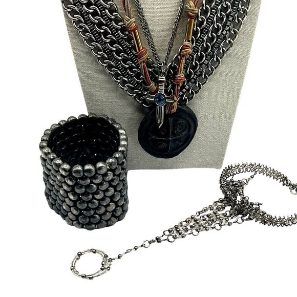 Vintage Multi-Layer Necklace & Bracelet Set With Chain Beaded Cuff & Rings - Picture 2 of 15
